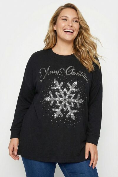 Stil Diva Чорний светр з великим розміром, з паєтками та візерунком сніжинок ...
