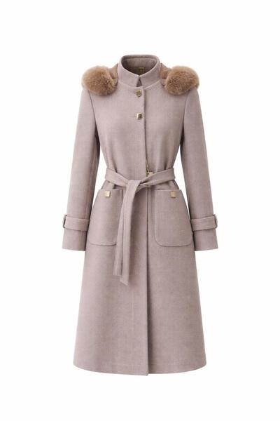 ESİN GİYİM Pötikare Dokulu Çıkarılabilir Kürk Kapşonlu Kuşaklı Kaşe Kaban