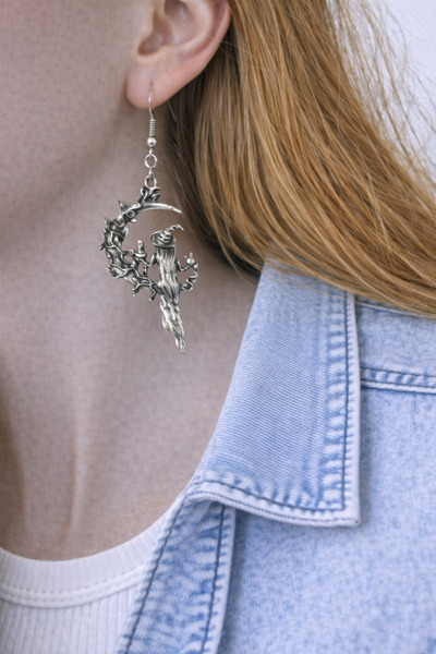 Yuchicly Silver Color Dangle Women's Earrings with Fairy Figure on the Moon