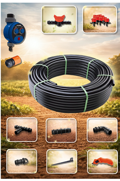 HortumEvi Otomatik Zamanlayıcılı Deliksiz Damla Sulama Seti Ø16 – 100 Metre |...