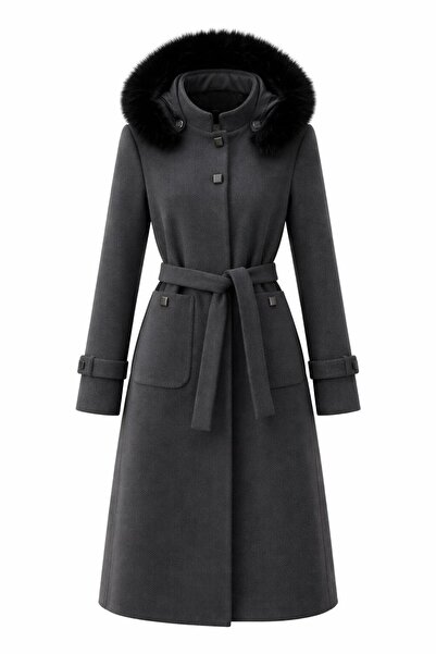 ESİN GİYİM Pötikare Dokulu Çıkarılabilir Kürk Kapşonlu Kuşaklı Kaşe Kaban