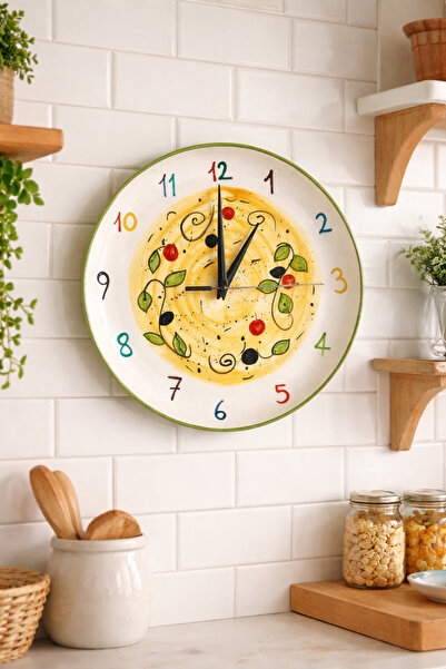 MeGgDecor ساعة مطبخ سيراميك مصنوعة يدويًا بتصميم زيتوني - 27 سم