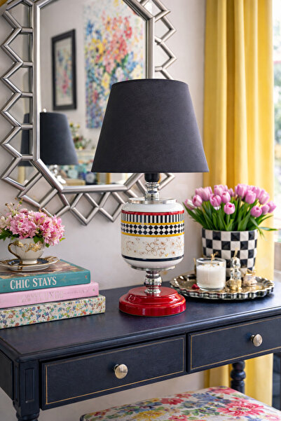 ferayhome Abajur Aydınlatma Seramik Oval Kelebek Desen Siyah Şapka GÜMÜŞ - Fe...