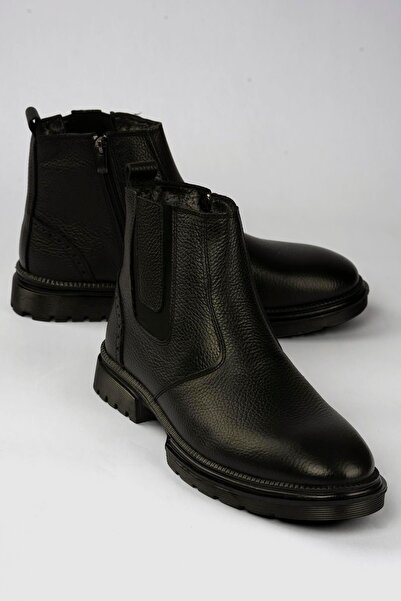 Mubiano Men's Genuine Leather Boots with Fur Inside Chelsea Boreas Black