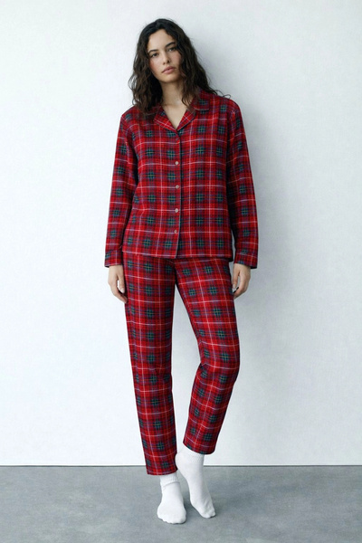 Erdenay Tekstil Silky Textured Suede Women's Pajama Set Red Plaid