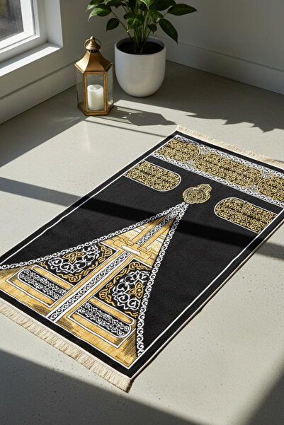 bursaipektekstil Parlak Dokulu Kadife Seccade - Kabe Örtüsü Desen - 02 - Siyah