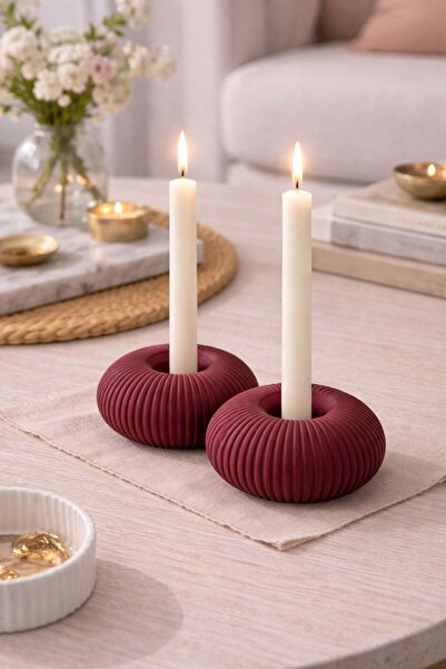 BUBUHOMEDECOR Dekoratif 2'li Şamdanlık Bordo Renk