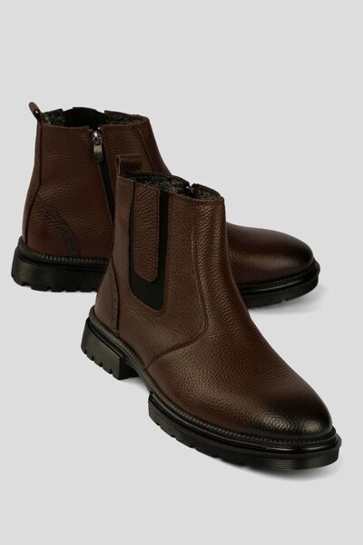 Mubiano Men's Genuine Leather Boots with Fur Inside Chelsea Boreas Brown