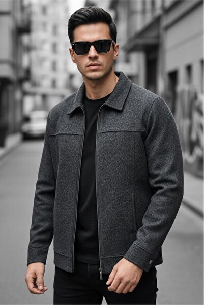 Oksit Kamy Men's Shirt Collar Unlined Zippered Cashmere Jacket - Smart Casual...