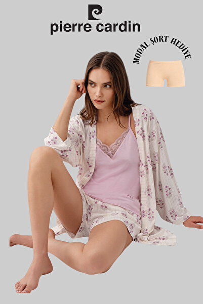 Pierre Cardin Women's Pink Patterned Pajama Set with Shorts (3-Piece Pajama S...
