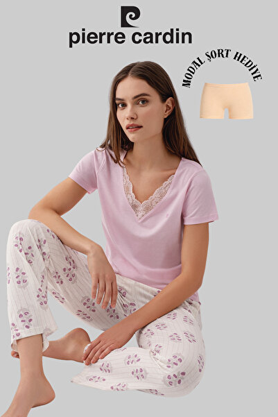 Pierre Cardin Women's Pink V-Neck Lace Detailed Pajama Set (Modal Shorts with...