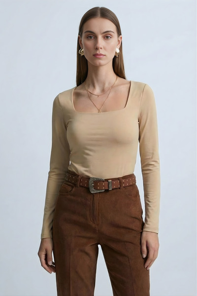 Qaju Women's Long Sleeve Square Neck Basic Blouse -Skin