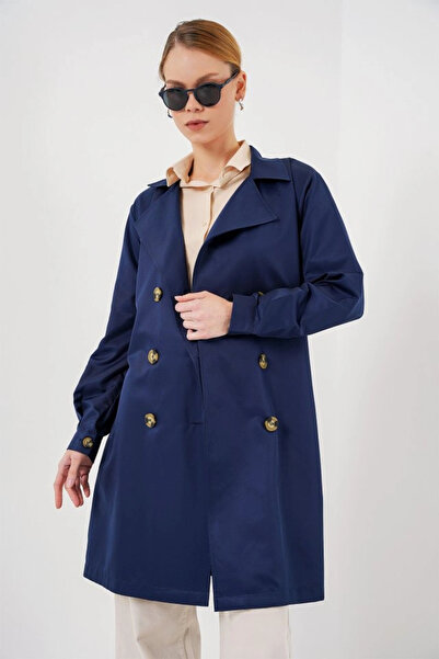 nedo7 5864 Double Breasted Collar Short Trench Coat - Navy Blue