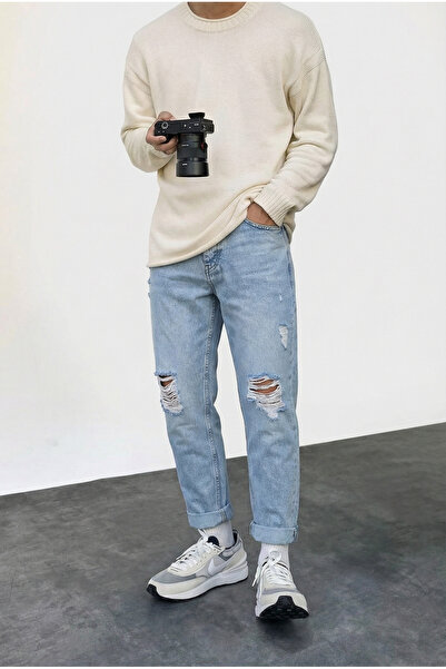 MADZEYMODA Boyfriend Carrot Cut Men's Ripped Detailed Blue Denim Jean Trouser...