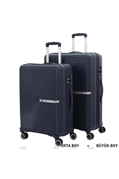 MÇS Bavul Büyük ve Orta 2li Set Kırılmaz Silikon Valiz V374 Lacivert