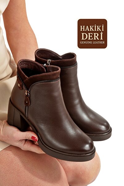 Modabuymus Genuine Leather Dark Brown Color Thick Heeled Zippered Women's Boo...