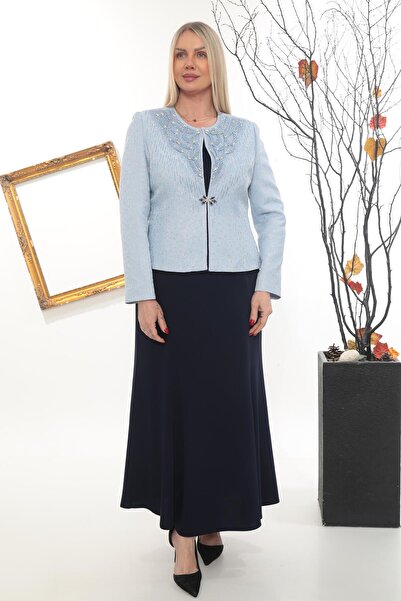 MİSS DİAMOND Jacket with Stone Embroidery Lining Navy Blue Long Skirt Three-P...