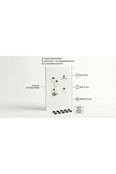 RİVO HOME DECOR 35 X 75 cm White Decorative Metal Magnetic Board Magnet Board...