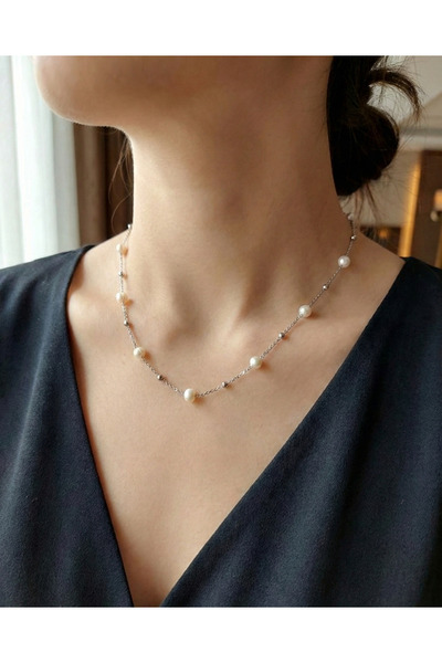AYTENS TAKI Gerçek Kültür İncisi Dorika Detaylı Gümüş Renk Çelik Kolye 40cm K...