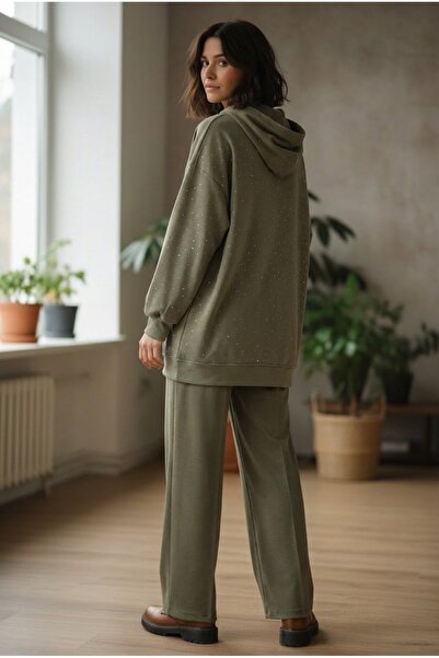 Taş İşlemeli Gri Fermuarlı Kapüşonlu Sweatshirt ve Pantolon Takımı
