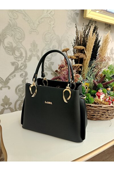Label Şık Siyah El ve Omuz Çantası Altın Renkli Zarif Tasarım