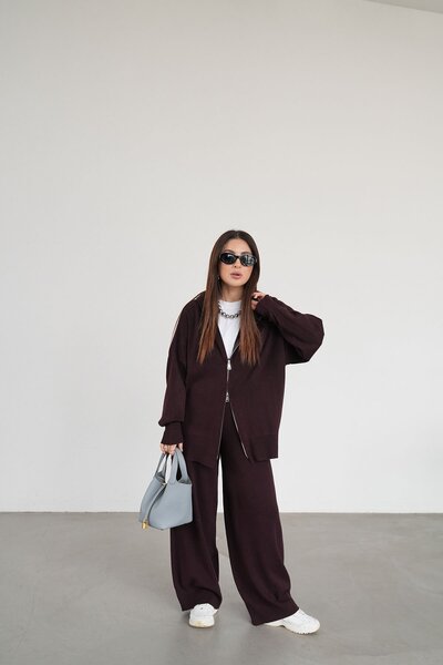 Özge Özgenç Kapüşonlu Oversize Triko Hırka Pantolon Takım