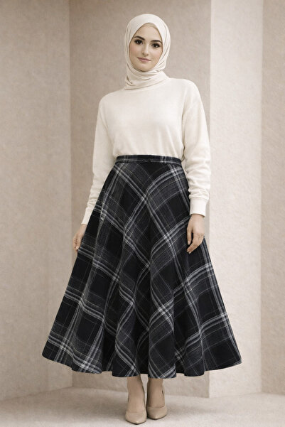 Kirazgym Plaid Patterned Hijab Skirt with Side Zippers - Black