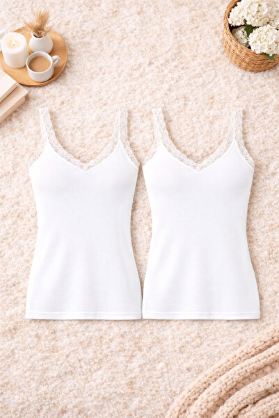 ROZELT Women's Modal Cotton White Stretch Fabric Lace Strap 2-Piece Undershirt