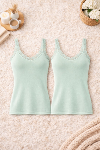 ROZELT Women's Modal Cotton Green Stretch Fabric Lace Strap 2-Piece Undershirt