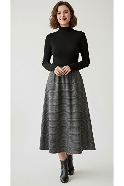 BİLGENS BUTİK Plaid Pattern Winter Cotton Gray Skirt