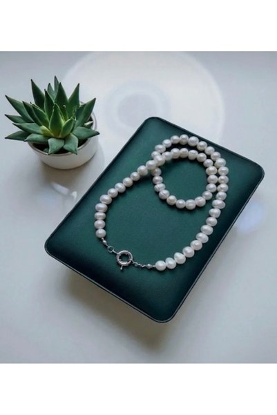 Taşmir Certified 8mm Natural Pearl & Stainless Steel Mariner Lock Necklace