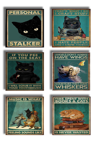 remonz Cat Themed Printed Wooden Coasters 9X9 cm (6 Pcs) Presentation Accesso...