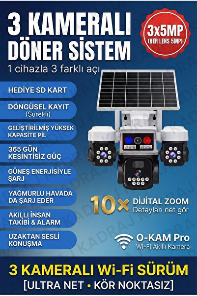 Kadraj Solar Panelli + WIFI Kamera, Dahili Batarya , 3 LENS, Polis Çakarı, Se...