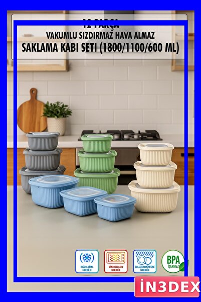 İN3DEX مجموعة حاويات تخزين مفرغة من الهواء مربعة الشكل 12 قطعة بأحجام مختلفة