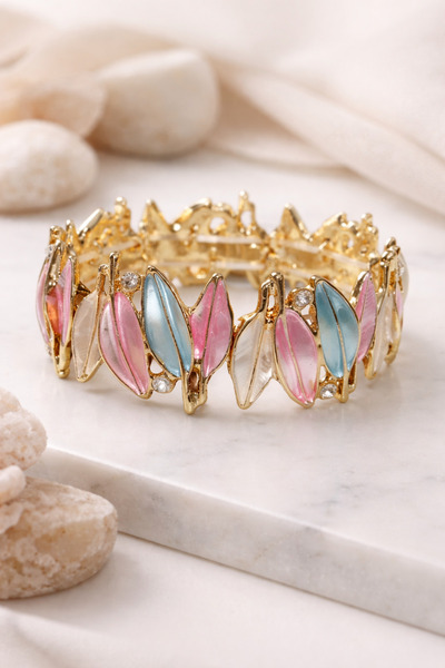 GIHANDMADE Kadın Çelik Altın Kaplama Mine İşlemeli Lacivert Yeşil Pembe Yapra...