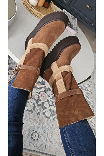 Topukla Footwear 075 400 Topukla Kadın Hakiki Süet Kalın Tabanlı Kürklü Çizme