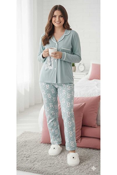 MODA Su yeşili önden düğmeli kedi desenli biyeli A kalite kalın penye pijama ...