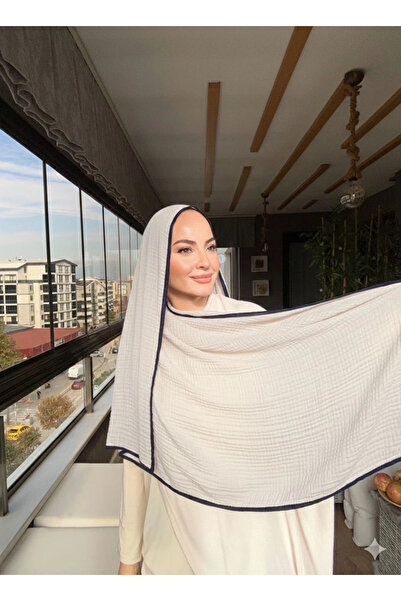 VaVscarfs Muslin Shawl - Piped Muslin Shawl Navy Blue-Cream