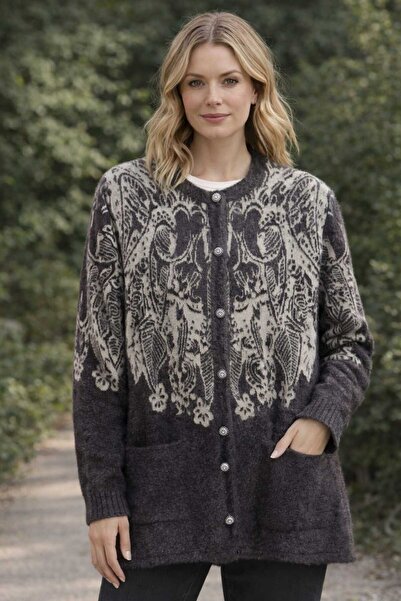 Uludağ Triko Women's Dark Brown Sand Feather Beard Patterned Pocketed Knitwea...