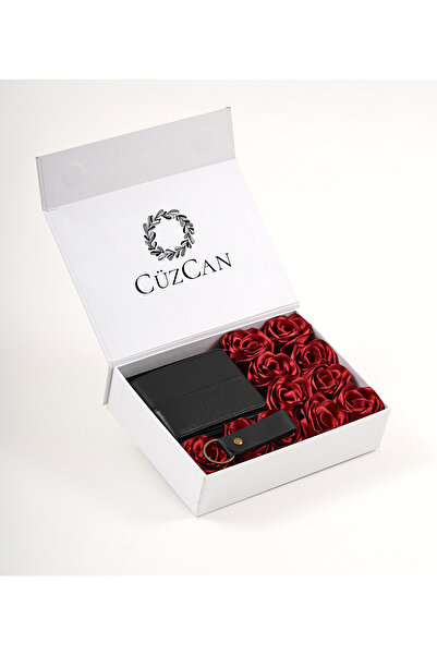 CüzCan Premium Gift Rose Box - Frankfurt Black Genuine Leather Wallet - Keych...