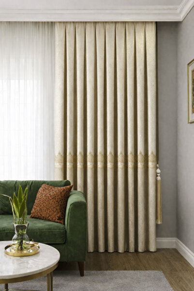 Fluiana Pano Fon Perde Sık Pile Dikim|Bej-Gold Renk|Desen Nakışlı Blackout Öz...