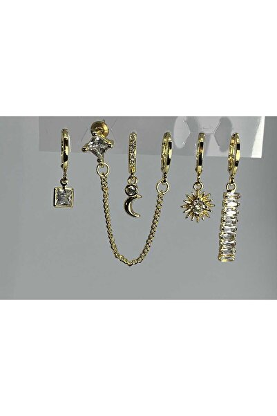 Zenska Jewelry Altın Renk Çoklu Çelik Küpe Seti – Baget Taşlı Zincirli Şık Ta...