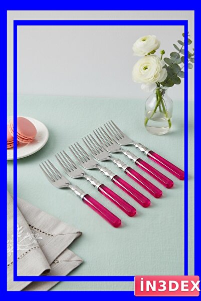 İN3DEX 6'li Pembe Saplı Paslanmaz Çelik Tatlı Çatal Seti