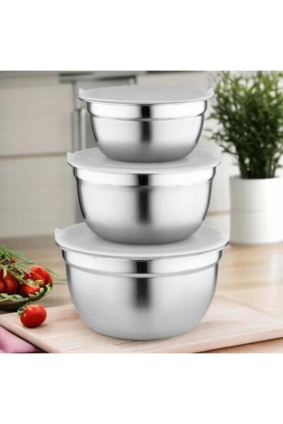 GRÜNBERG Set of 3 stainless steel bowls with lids, 14CM/16CM/18CM