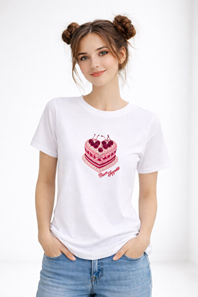 FANA Cherry Heart Pie Printed Women's T-Shirt Loose Fit Cotton Oversized