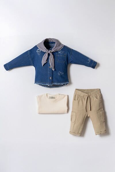 Minigimin Cicileri Cute Figured Denim Shirt 4-Piece Boys' Set - Light Blue