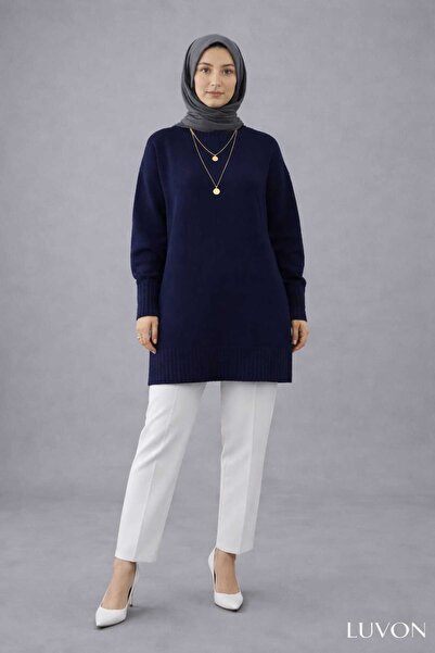 LUVON Navy Blue Crew Neck Oversized Knitwear Tunic