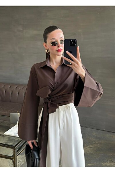 BellaVita Botuique Asimetrik Bağlamalı Kahve Gömlek