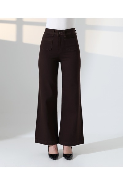 Coşkun GİYİM Women's Front Pocket Detailed Palazzo Jeans Trousers Brown 7079-78