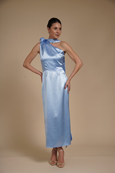 Velinna Elegant Baby Blue satin off-the-shoulder midi dress with floral detai...